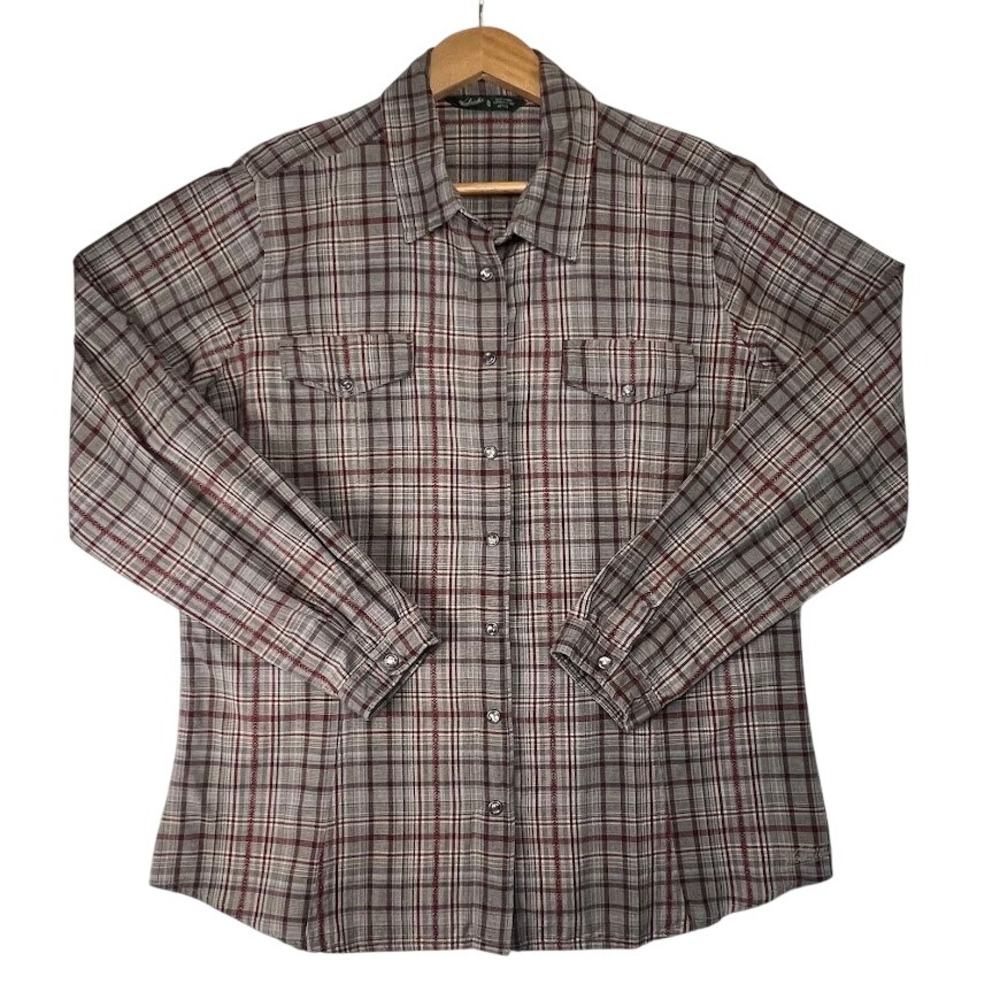 Woolrich Womens XL Petite Plaid Button Down Shirt Grey Red Long Sleeve Western